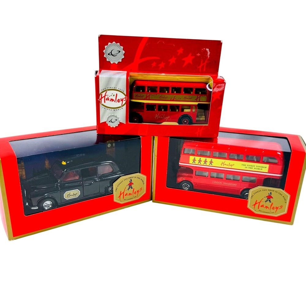 3 Hamleys Lot London Diecast 2 Red Double Decker Buses 1 Black Taxi Lledo NIB